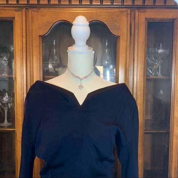 1950s Blue Crape Dress with Satin/rhinestone, Sz M - Picture 6 of 13